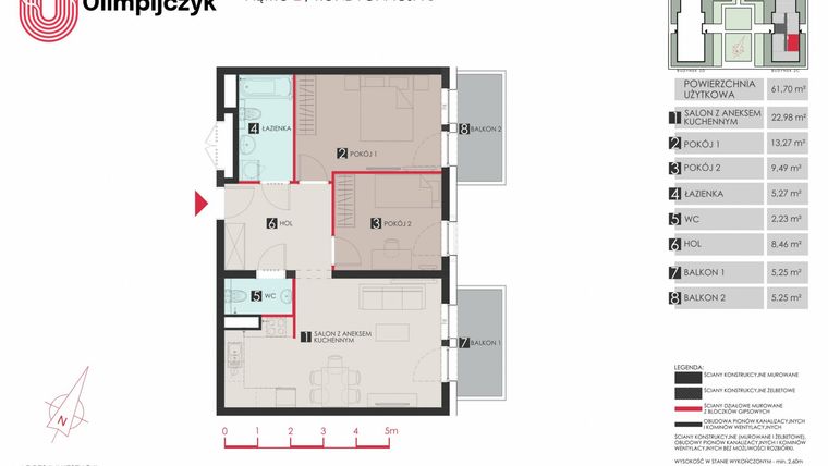 Rzut - Mieszkanie na sprzedaż 3 pokoje o powierzchni 62 m² - numer C46 w Osiedle Olimpijczyk II etap
