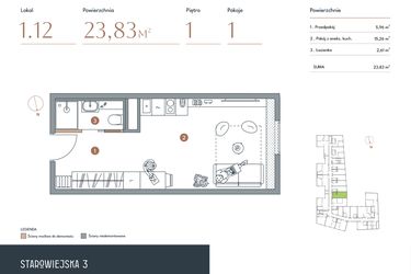 Rzut - Mieszkanie na sprzedaż 1 pokój o powierzchni 23,83 m² - numer 1.12 w Starowiejska 3