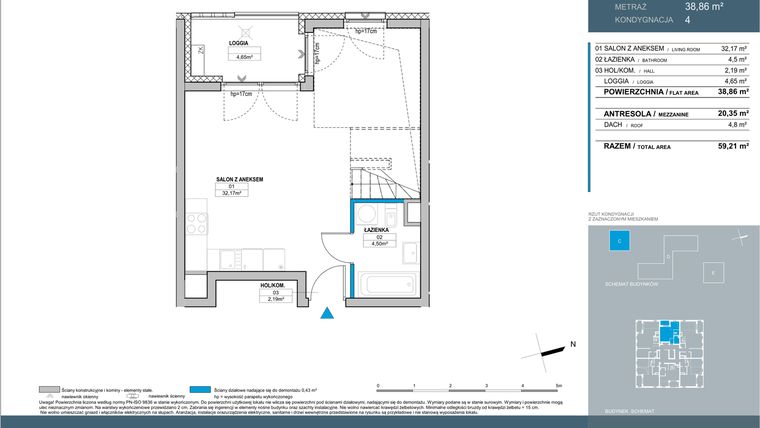 Rzut - Mieszkanie na sprzedaż 2 pokoje o powierzchni 59,21 m² - numer C.4.02 w Nordic Bemowo - etap IV