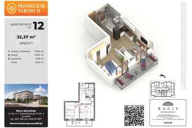 Rzut - Mieszkanie na sprzedaż 2 pokoje o powierzchni 32,37 m² - numer 12 w Słoneczne Tarasy II