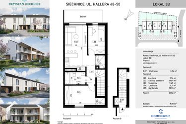 Rzut - Mieszkanie na sprzedaż 3 pokoje o powierzchni 61,16 m² - numer 3b w Przystań Siechnice