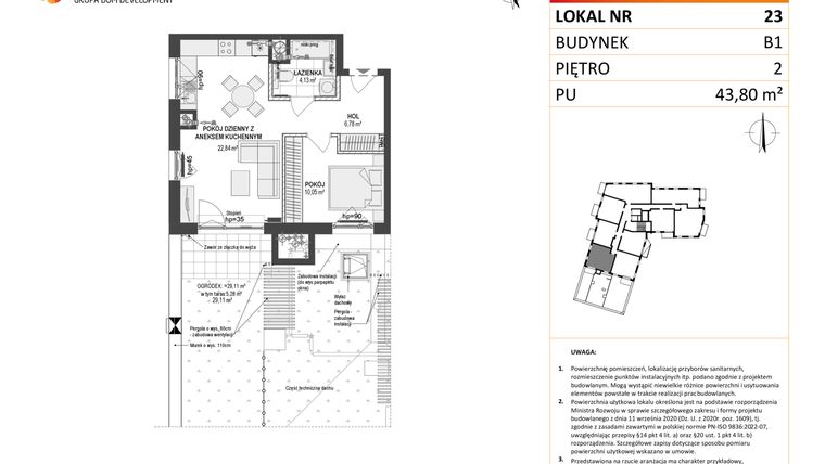 Rzut - Mieszkanie na sprzedaż 2 pokoje o powierzchni 43,8 m² - numer 23 w Leśna Góra