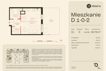 Rzut - Mieszkanie na sprzedaż 1 pokój o powierzchni 32,78 m² - numer D1-0-2 w Osiedle Meiera