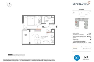 Rzut - Mieszkanie na sprzedaż 2 pokoje o powierzchni 39,82 m² - numer H.5.5 w Łopuszańska 47 - etap 3
