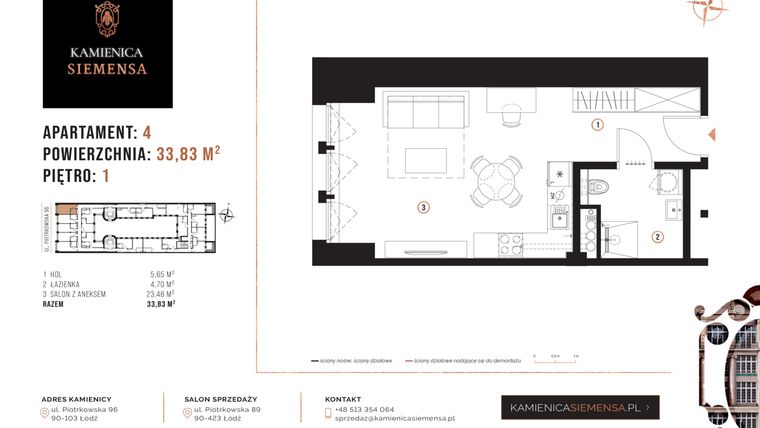 Rzut - Mieszkanie na sprzedaż 1 pokój o powierzchni 33,83 m² - numer 4 w Kamienica Siemensa