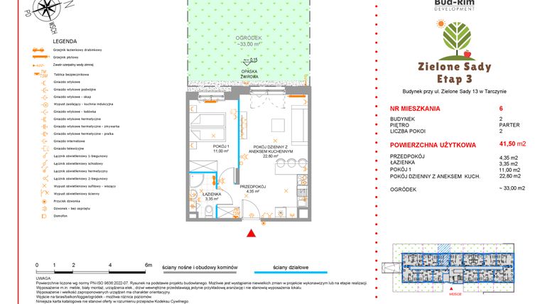 Rzut - Mieszkanie na sprzedaż 2 pokoje o powierzchni 41,5 m² - numer 6 w Zielone Sady etap III B2