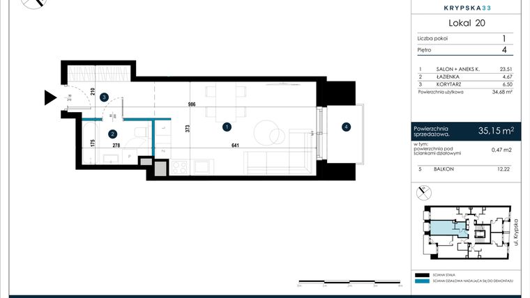 Rzut - Mieszkanie na sprzedaż 1 pokój o powierzchni 35,15 m² - numer M20 w Krypska 33