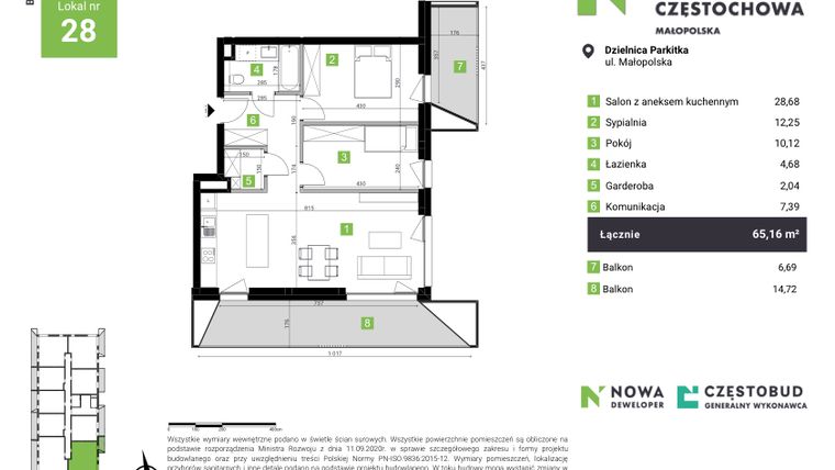 Rzut - Mieszkanie na sprzedaż 3 pokoje o powierzchni 65,16 m² - numer A28 w Nowa Częstochowa Małopolska