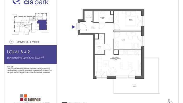 Rzut - Mieszkanie na sprzedaż 3 pokoje o powierzchni 59,09 m² - numer B.4.2 w CIS Park