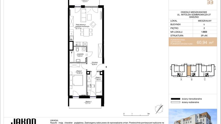 Rzut - Mieszkanie na sprzedaż 3 pokoje o powierzchni 60,94 m² - numer 1.B23 w Gombrowicza 33