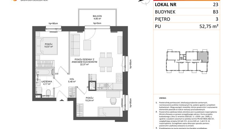 Rzut - Mieszkanie na sprzedaż 3 pokoje o powierzchni 52,75 m² - numer B3.23 w Osiedle Przy Błoniach 3 etap III