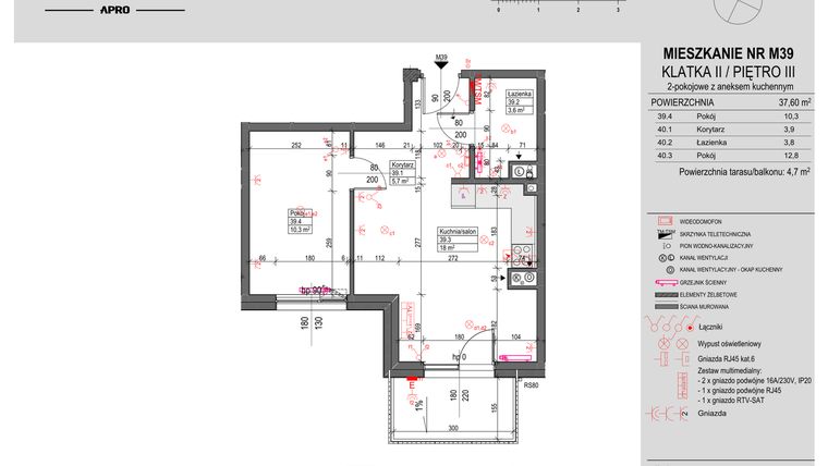 Rzut - Mieszkanie na sprzedaż 2 pokoje o powierzchni 37,6 m² - numer M39 w Antczaka 46