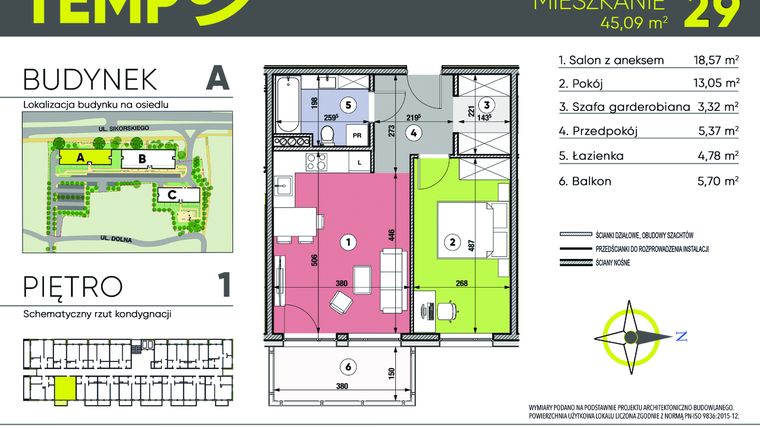 Rzut - Mieszkanie na sprzedaż 2 pokoje o powierzchni 45,09 m² - numer A29 w Osiedle TEMPO