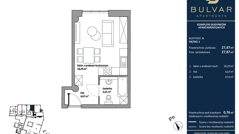Rzut - Mieszkanie na sprzedaż 1 pokój o powierzchni 27,47 m² - numer A.105 w Bulvar Apartments - etap I