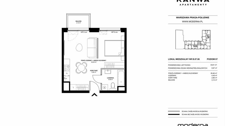Rzut - Mieszkanie na sprzedaż 2 pokoje o powierzchni 33,61 m² - numer B.07.06 w KANWA