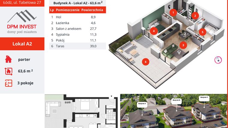Rzut - Mieszkanie na sprzedaż 3 pokoje o powierzchni 63,6 m² - numer A2 w Apartamenty Tabelowa