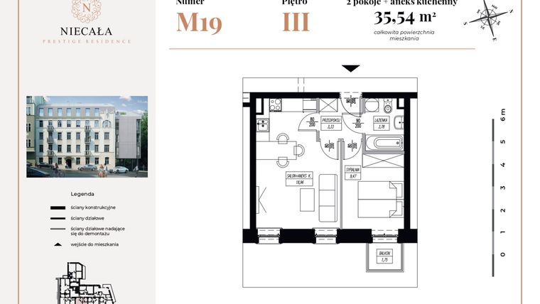Rzut - Mieszkanie na sprzedaż 2 pokoje o powierzchni 35,54 m² - numer 19 w Niecała Prestige Residence