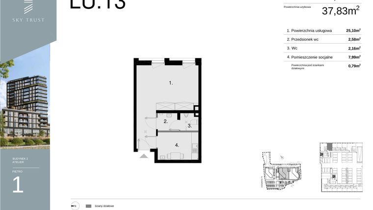 Rzut - Lokal użytkowy na sprzedaż 1 pokój o powierzchni 38,62 m² - numer LU13 w Sky Trust etap II