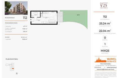 Rzut - Mieszkanie na sprzedaż 1 pokój o powierzchni 25,24 m² - numer 112 w Mikusińskiego 25