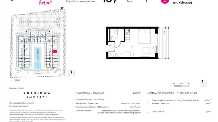Rzut - Mieszkanie na sprzedaż 1 pokój o powierzchni 24,9 m² - numer 107 w VacationClub Resort