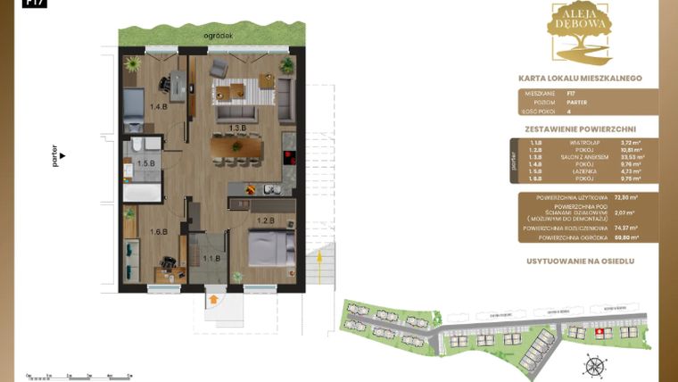 Rzut - Mieszkanie na sprzedaż 4 pokoje o powierzchni 74,37 m² - numer F17 w Aleja Dębowa III - mieszkania