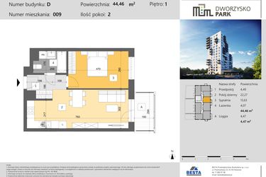 Rzut - Mieszkanie na sprzedaż 2 pokoje o powierzchni 44,46 m² - numer 9 w Dworzysko Park - Etap III
