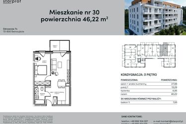 Rzut - Mieszkanie na sprzedaż 2 pokoje o powierzchni 46,22 m² - numer 30 w Odrowców 7C