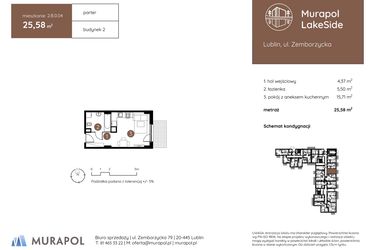 Rzut - Mieszkanie na sprzedaż 1 pokój o powierzchni 25,58 m² - numer 2.B.0.04 w Murapol LakeSide