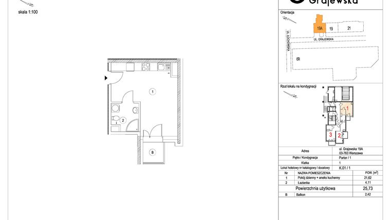 Rzut - Mieszkanie na sprzedaż 1 pokój o powierzchni 25,56 m² - numer M-1 w Apartamenty Grajewska