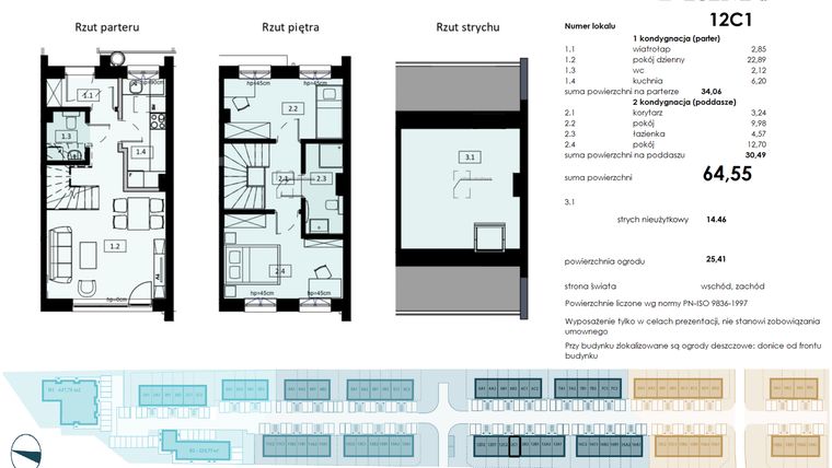 Rzut - Mieszkanie na sprzedaż 3 pokoje o powierzchni 64,55 m² - numer 12C1 w Osiedle Primo