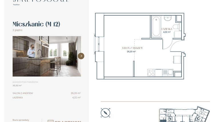 Rzut - Mieszkanie na sprzedaż 1 pokój o powierzchni 31,05 m² - numer M.12 w Stare Podgórze