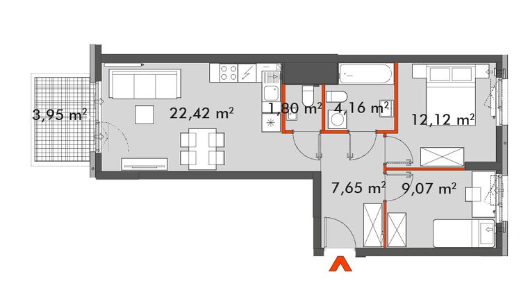 Rzut - Mieszkanie na sprzedaż 3 pokoje o powierzchni 57,22 m² - numer F1.A.01.04 w Splot Wola