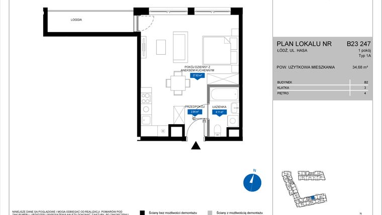 Rzut - Mieszkanie na sprzedaż 1 pokój o powierzchni 34,68 m² - numer B23 247 w Flow - bud. B2 A i bud. B2 B