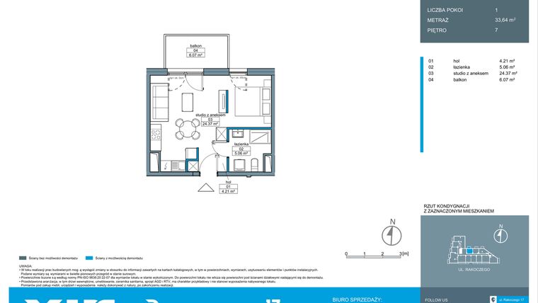 Rzut - Mieszkanie na sprzedaż 1 pokój o powierzchni 33,61 m² - numer A.7.1 w Rakoczego 17