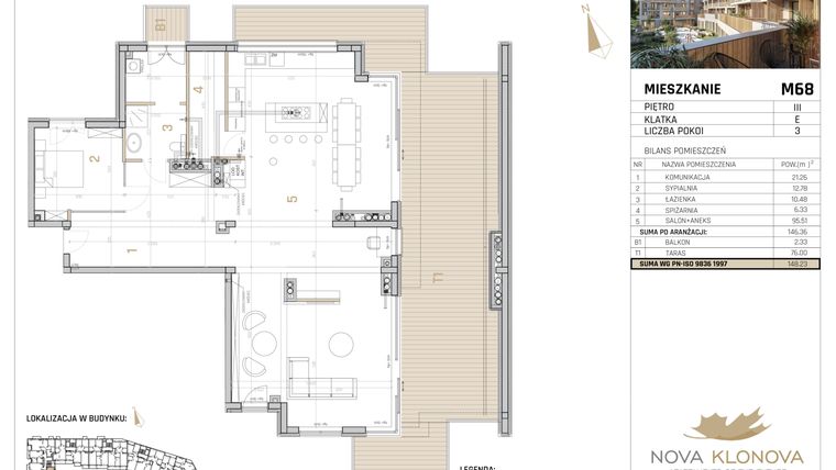 Rzut - Mieszkanie na sprzedaż 2 pokoje o powierzchni 146,36 m² - numer M68A w Nova Klonova