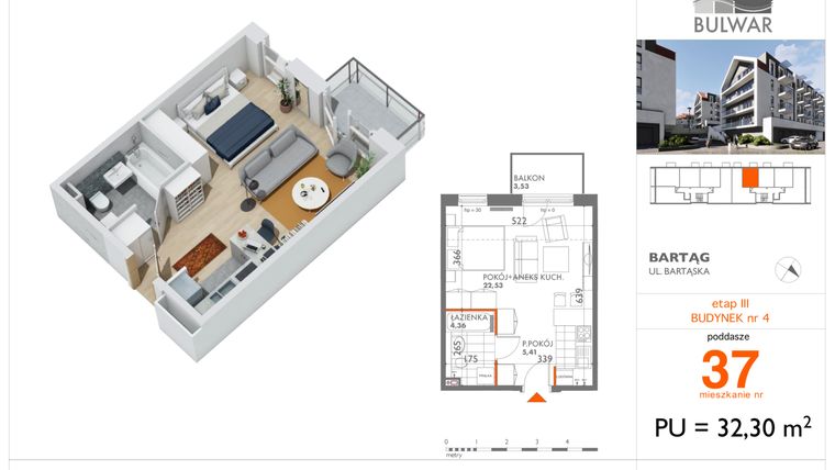 Rzut - Mieszkanie na sprzedaż 1 pokój o powierzchni 32,3 m² - numer 37 w Osiedle Bulwar bud. 4