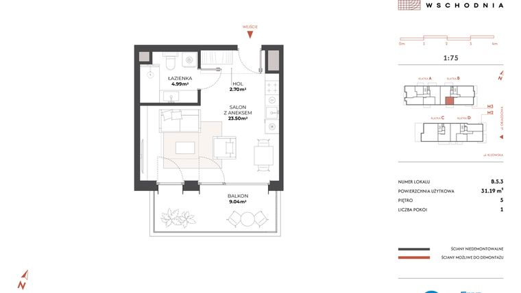 Rzut - Mieszkanie na sprzedaż 1 pokój o powierzchni 31,19 m² - numer B.5.3 w Drucianka Wschodnia