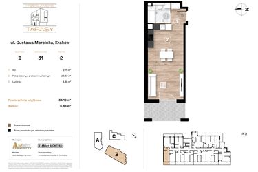 Rzut - Mieszkanie na sprzedaż 1 pokój o powierzchni 34,1 m² - numer B31 w Krzesławickie Tarasy