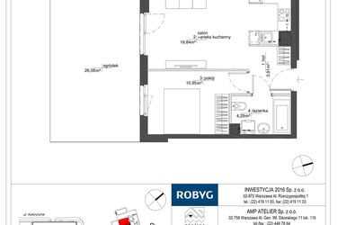 Rzut - Mieszkanie na sprzedaż 2 pokoje o powierzchni 38,99 m² - numer RM/2A/D/0/4 w Rytm Mokotowa - etap 2A