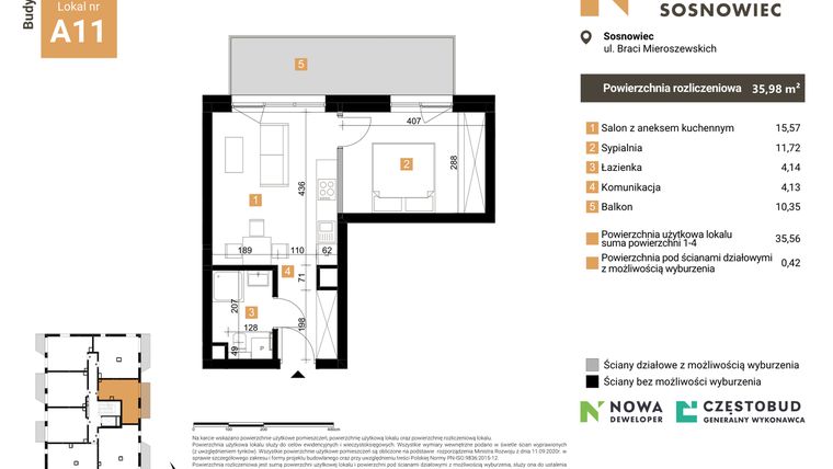 Rzut - Mieszkanie na sprzedaż 2 pokoje o powierzchni 35,98 m² - numer A11 w Nowy Sosnowiec