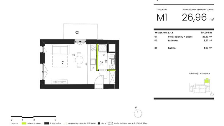 Rzut - Mieszkanie na sprzedaż 1 pokój o powierzchni 26,96 m² - numer B.4.3 w Ogrody Staromiejskie