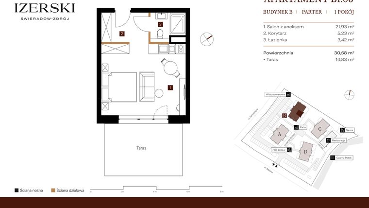 Rzut - Mieszkanie na sprzedaż 1 pokój o powierzchni 30,58 m² - numer B1.03 w Bulwar Izerski