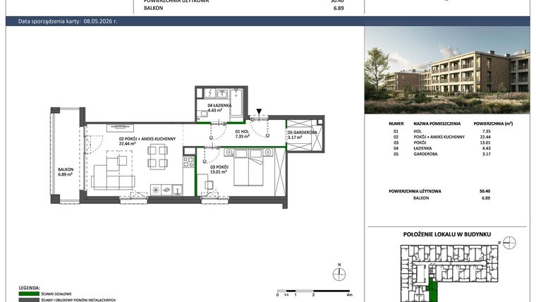 Rzut - Mieszkanie na sprzedaż 2 pokoje o powierzchni 50,4 m² - numer C-31 w Hillence etap 3