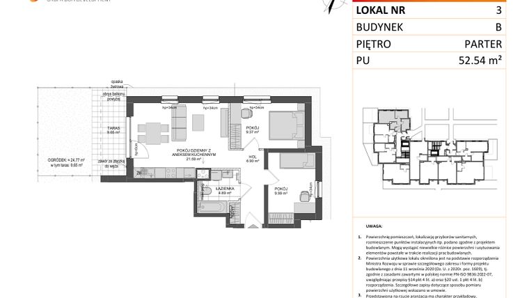 Rzut - Mieszkanie na sprzedaż 3 pokoje o powierzchni 52,54 m² - numer B.3 w Wzgórze Hoplity etap II