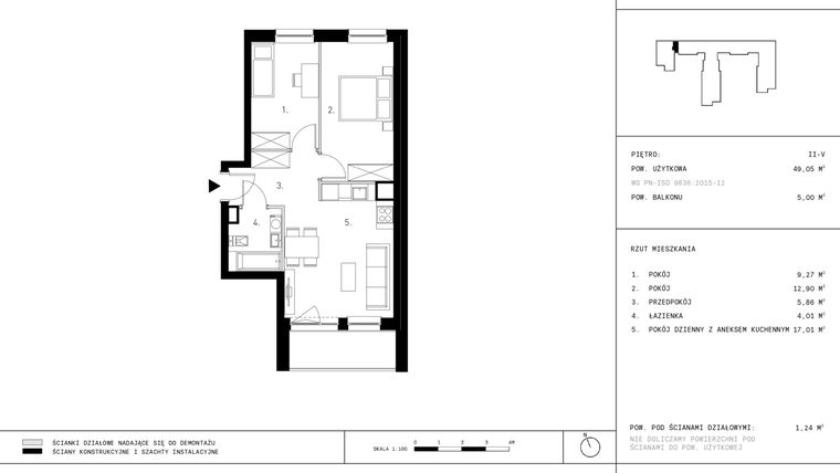 Rzut - Mieszkanie na sprzedaż 3 pokoje o powierzchni 49,16 m² - numer 2.A27 w Staszica 3