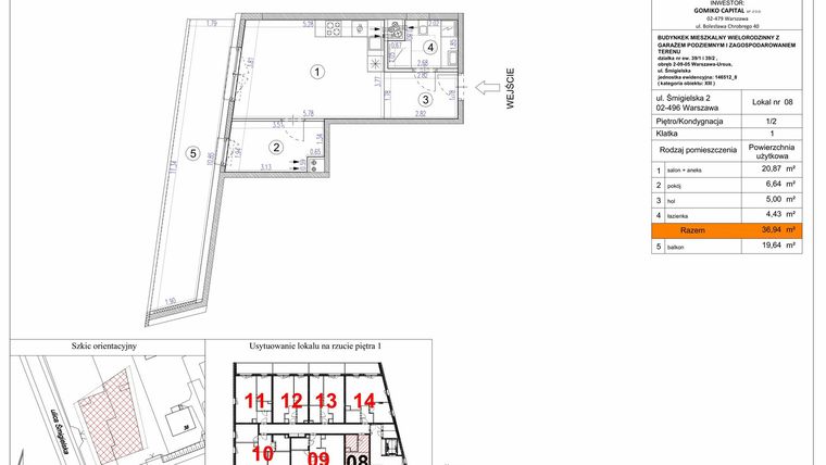 Rzut - Mieszkanie na sprzedaż 2 pokoje o powierzchni 36,94 m² - numer 8 w Apartamenty Śmigielska