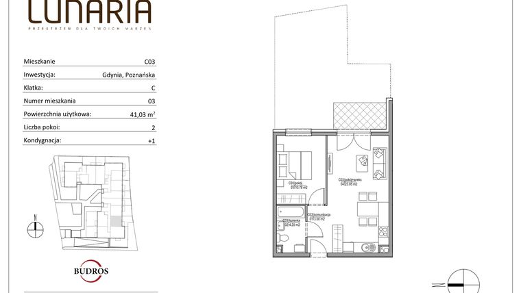 Rzut - Mieszkanie na sprzedaż 2 pokoje o powierzchni 41,03 m² - numer C03 w Lunaria