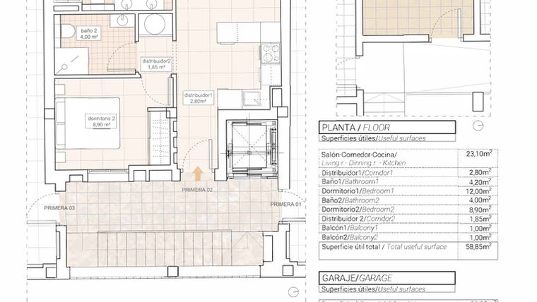 Rzut - Mieszkanie na sprzedaż 2 pokoje o powierzchni 66,25 m² - numer 2.1 w Mieszkania w Hondón de las Nieves - 33400272