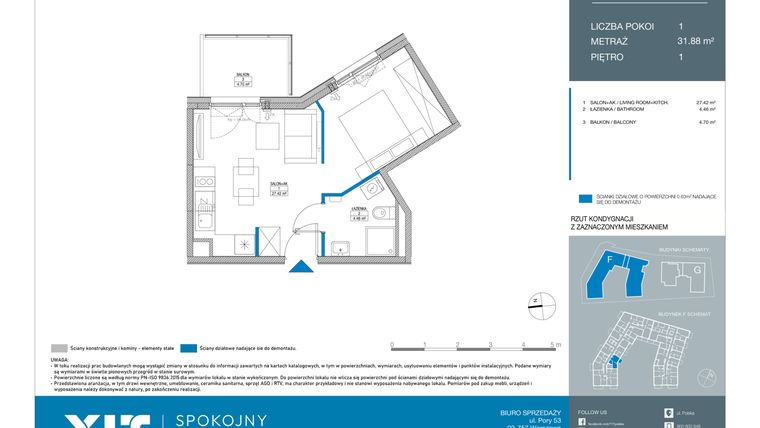 Rzut - Mieszkanie na sprzedaż 1 pokój o powierzchni 31,88 m² - numer FA0107 w Spokojny Mokotów etap II