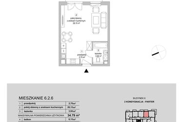Rzut - Mieszkanie na sprzedaż 1 pokój o powierzchni 34,79 m² - numer 6.2.6 w Osiedle Przyjemne III